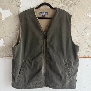 Woolrich Vest Sherpa Lined Mens XL Moss Green Canvas Zip Front Outdoor Workwear